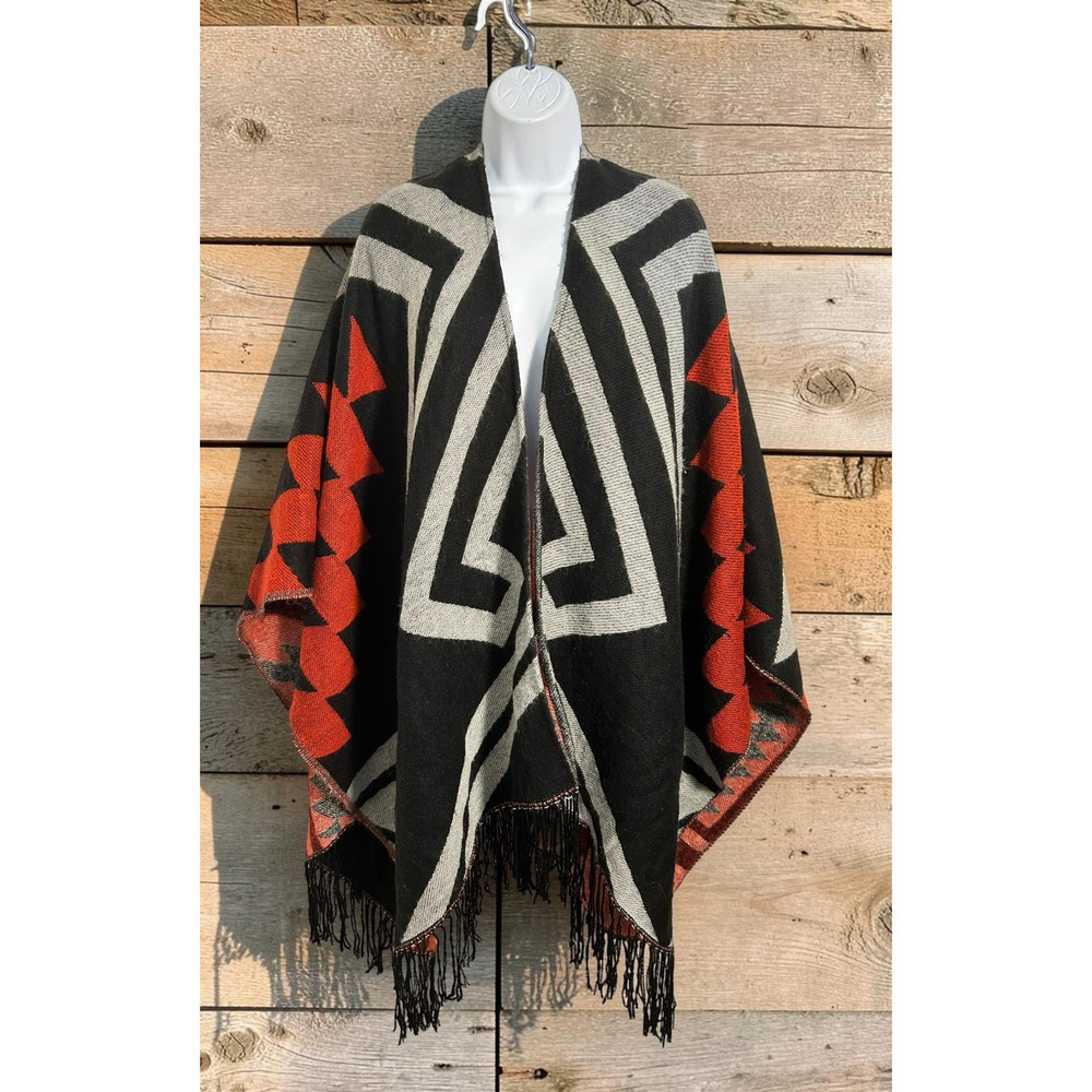 Express Blanket Scarf Poncho Red Black Fringe Wrap One Size Warm Western - Picture 4 of 4